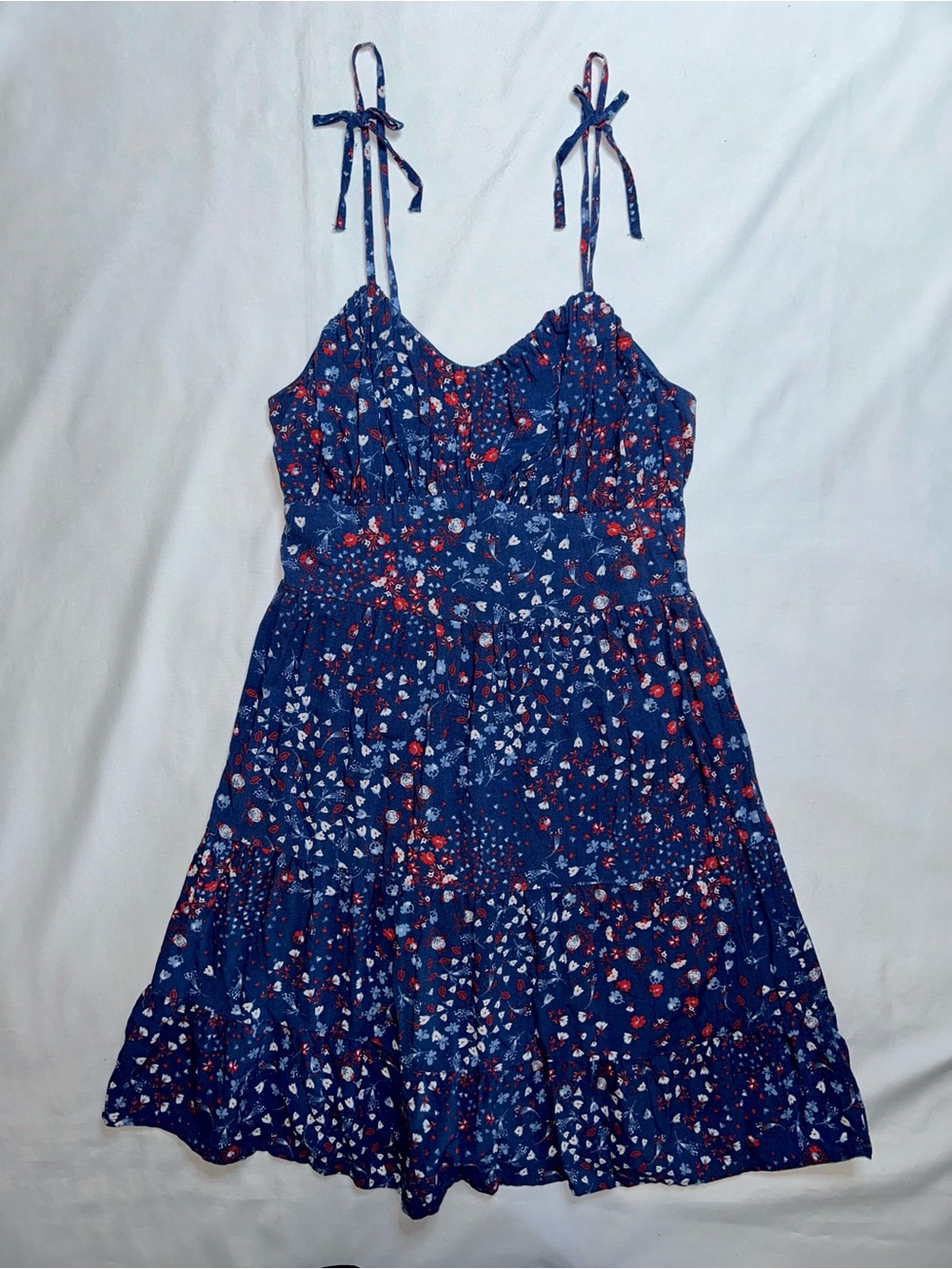Japna Blue Floral Tie Strap Tiered Midi Dress Size Small Boho Cottagecore